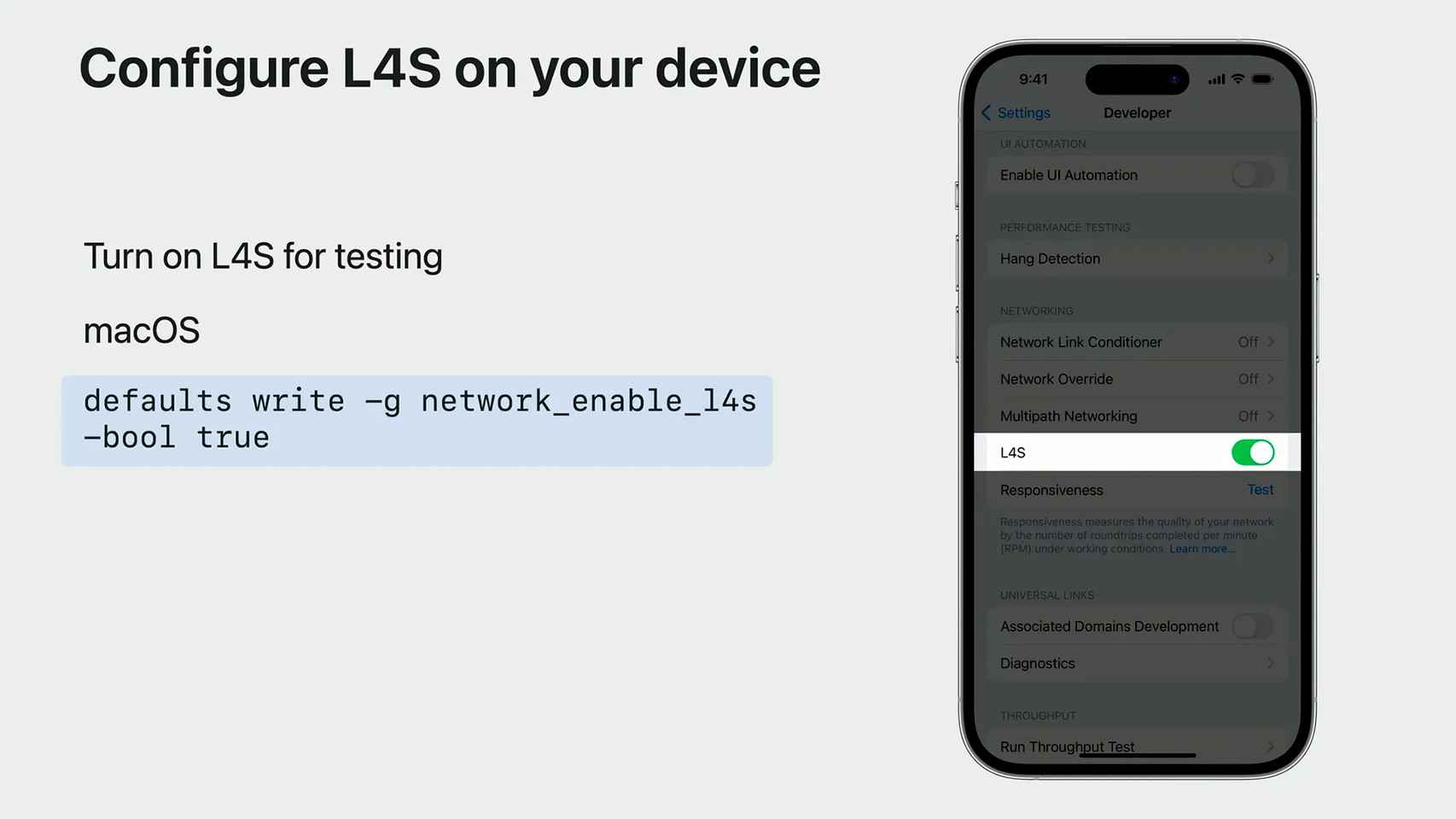 Imagen que muestra cómo se activa L4S en un iPhone