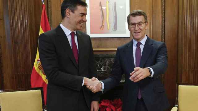 El presidente Pedro Sánchez y el líder del PP, Alberto Núñez Feijóo, se saludan antes de su reunión en el Congreso de los Diputados.