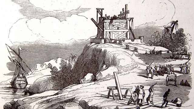 Grabado de la construcción del fuerte Navidad. 1851