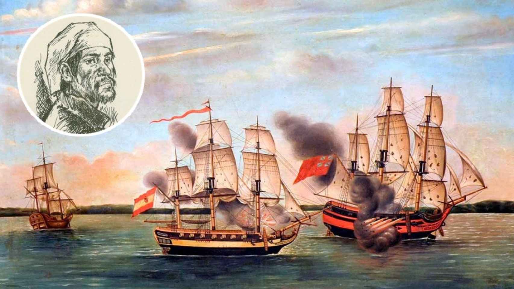 Un garabato de época del pirata mestizo Miguel Enríquez junto al cuadro de una batalla naval contra corsarios ingleses.