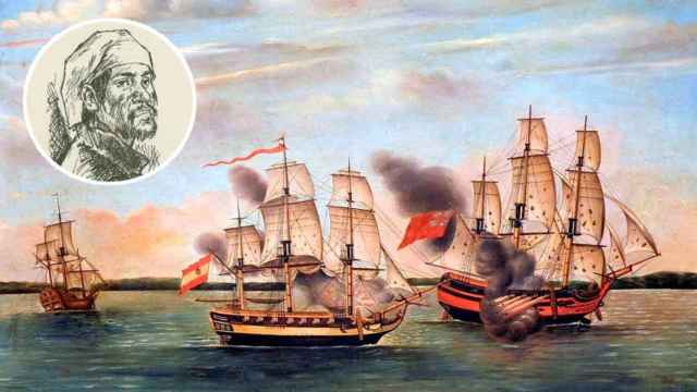Un garabato de época del pirata mestizo Miguel Enríquez junto al cuadro de una batalla naval contra corsarios ingleses.