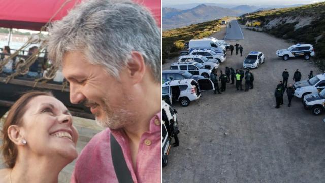 Merche y José Antonio, el montañero desaparecido en la Sierra de Béjar, junto a una imagen del operativo de búsqueda