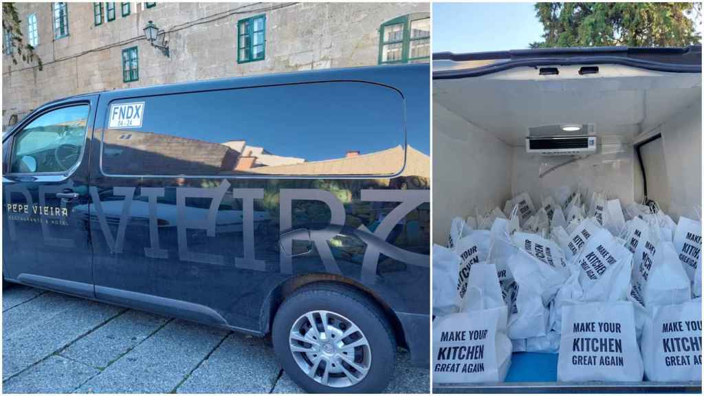 El autobús del chef y los menús empaquetados en su interior.