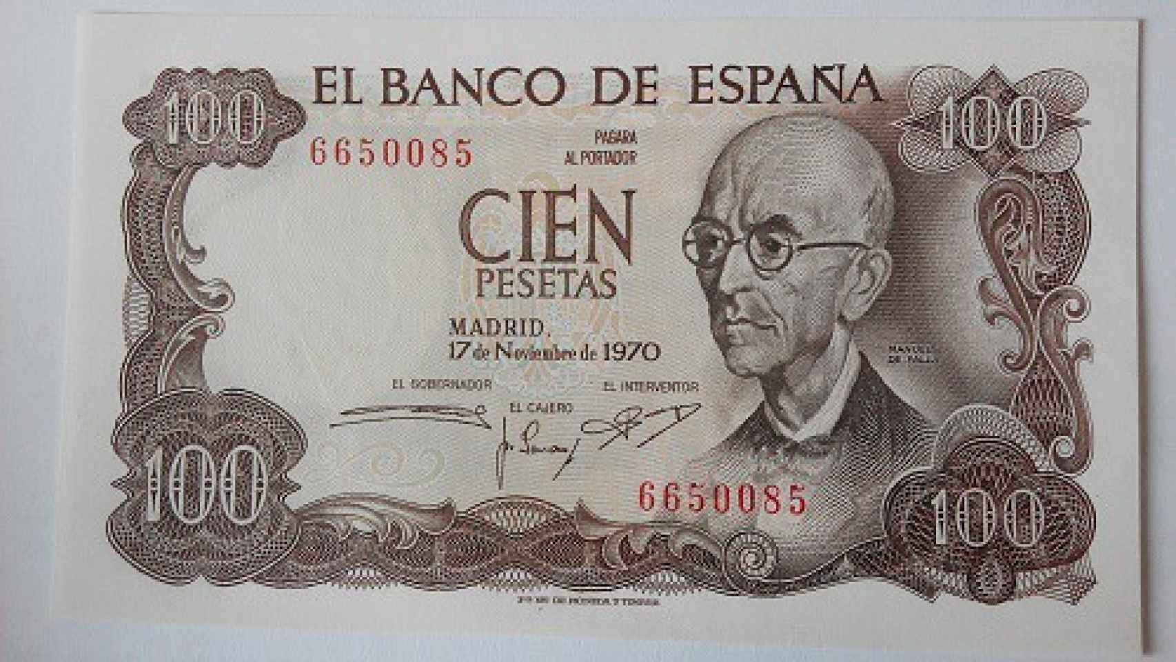 Billete de 100 pesetas con la efigie de Manuel de Falla.