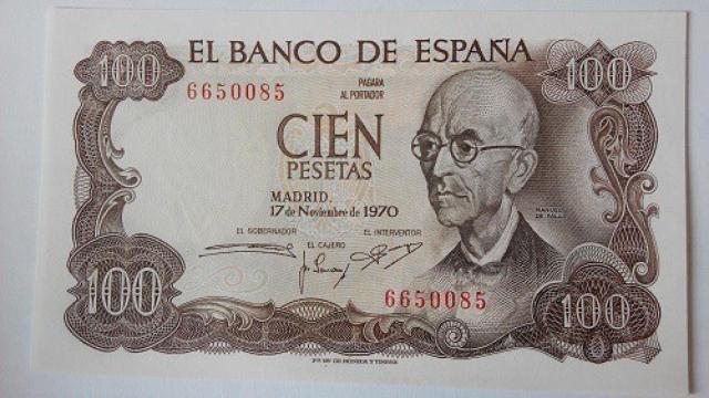 Billete de 100 pesetas con la efigie de Manuel de Falla.