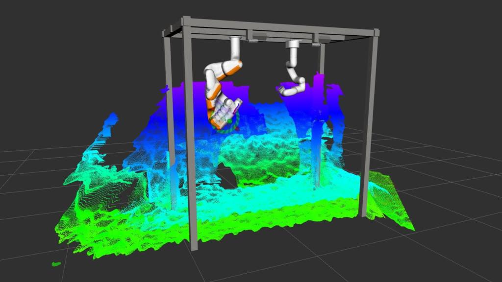 Visualización 3D de un sistema robótico que emplea aceleración por hardware para moverse más rápido y esquivar obstáculos según aparecen, en una fracción de segundo.