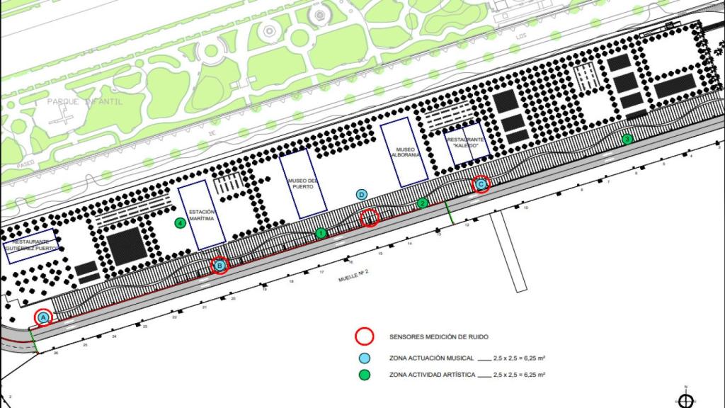 Plano del Palmeral de las Sorpresas donde se colocarán los medidores de ruido.