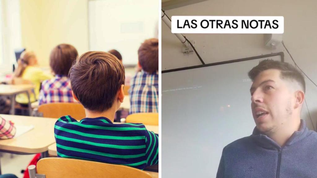 La imagen de archivo de una clase y una captura del vídeo viral.