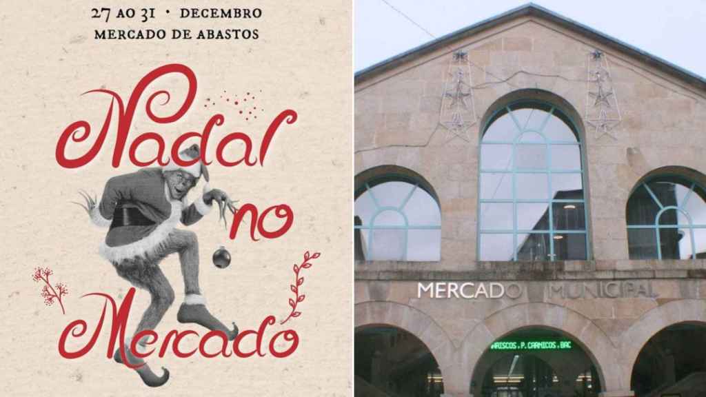 Cartel de ‘Nadal no Mercado’ y fachada del Mercado de Abastos de Pontevedra.