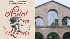 Cartel de ‘Nadal no Mercado’ y fachada del Mercado de Abastos de Pontevedra.