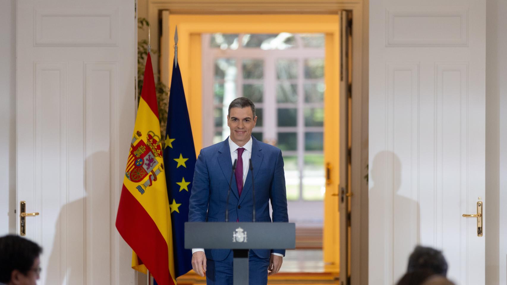 Pedro Sánchez este miércoles en rueda de prensa desde Moncloa.