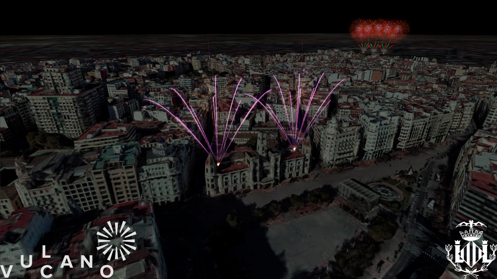 Muestra del disparo simultáneo de los cuatro castillos artificiales en el cielo de Valencia, en Nochevieja. EE