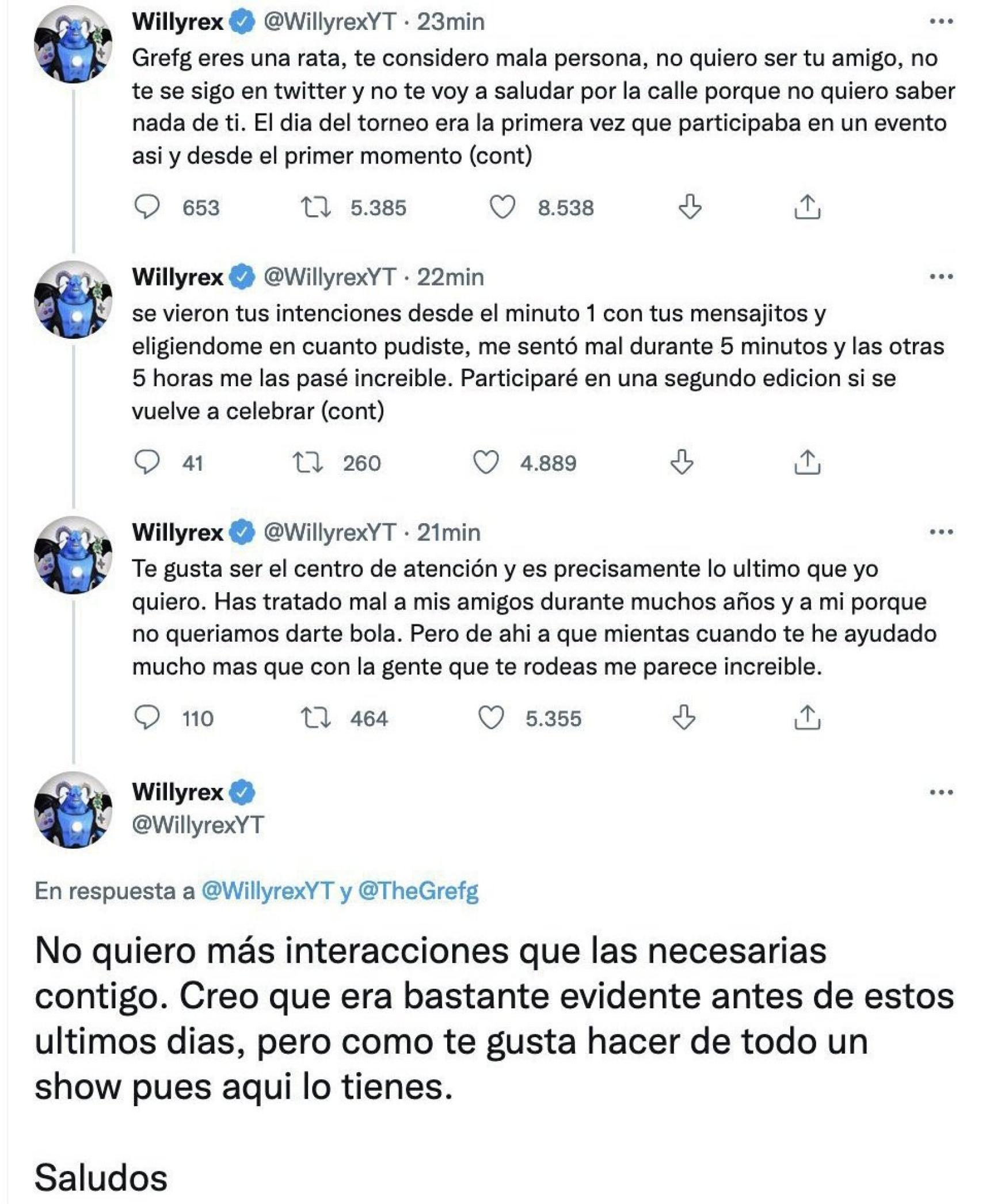 Algunos de los tweets de Willyrex en su polémica hace unos años con TheGrefg.