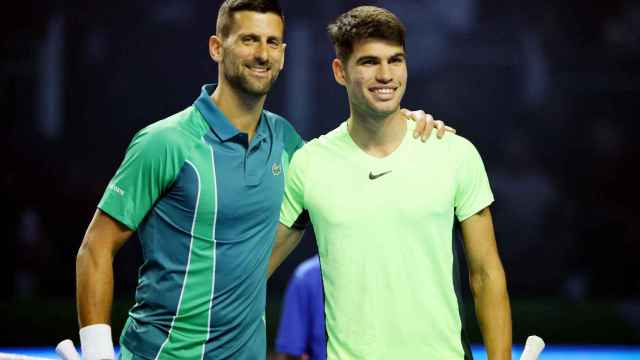 Novak Djokovic y Carlos Alcaraz, antes de la exhibición en Riad.