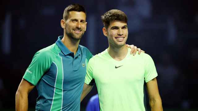 Novak Djokovic y Carlos Alcaraz, antes de la exhibición en Riad.