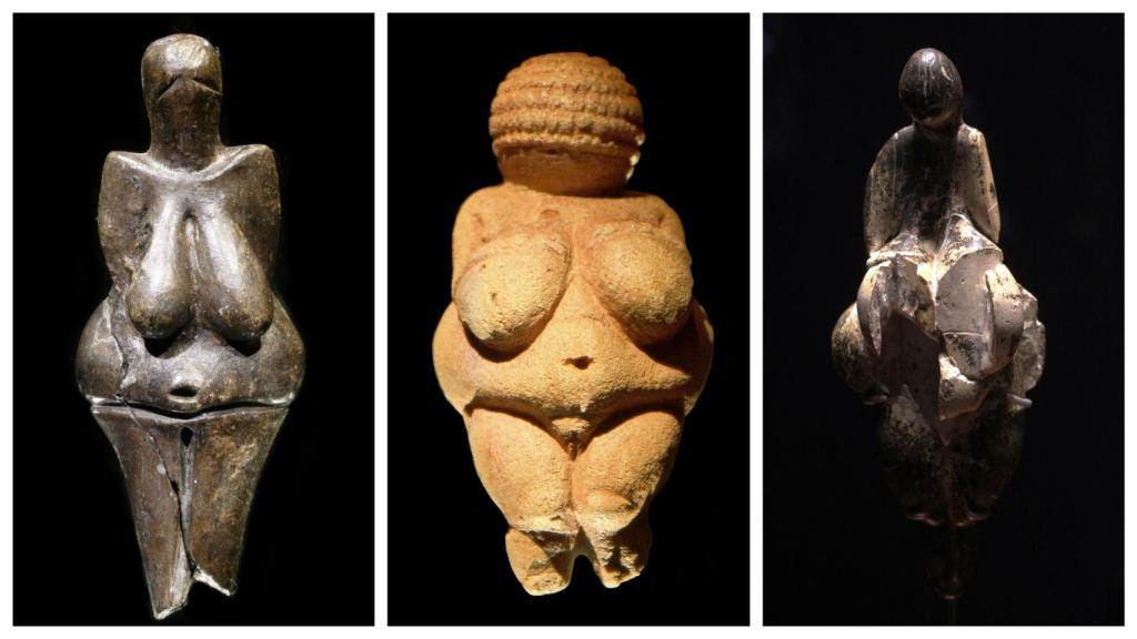Las venus paleolíticas de Dolní Věstonice, Willendorf y Lespugue (de izqda. a dcha.)