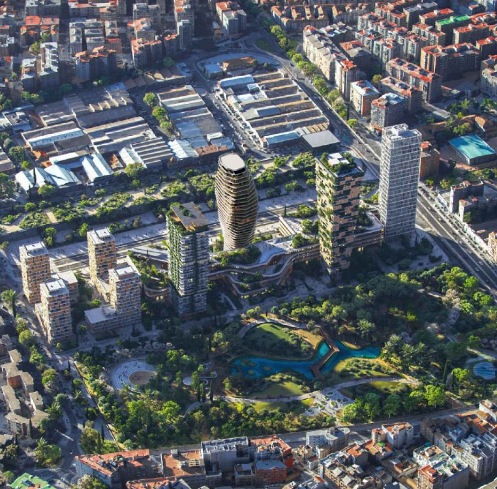Las torres de Urbania y el gran parque proyectado en los antiguos suelos de Repsol.
