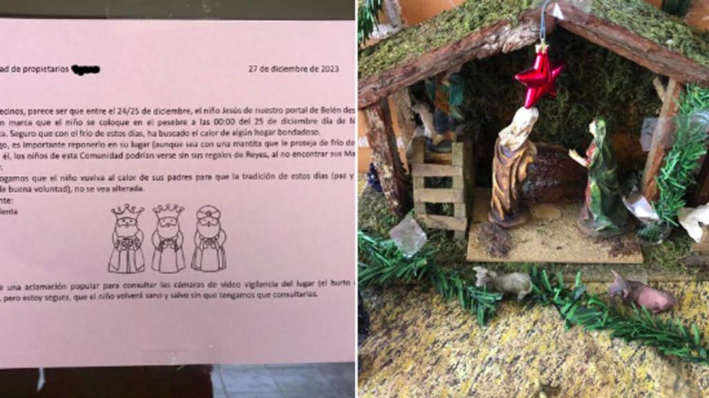 El cartel que han puesto los vecinos y el portal de Belén sin niño Jesús.