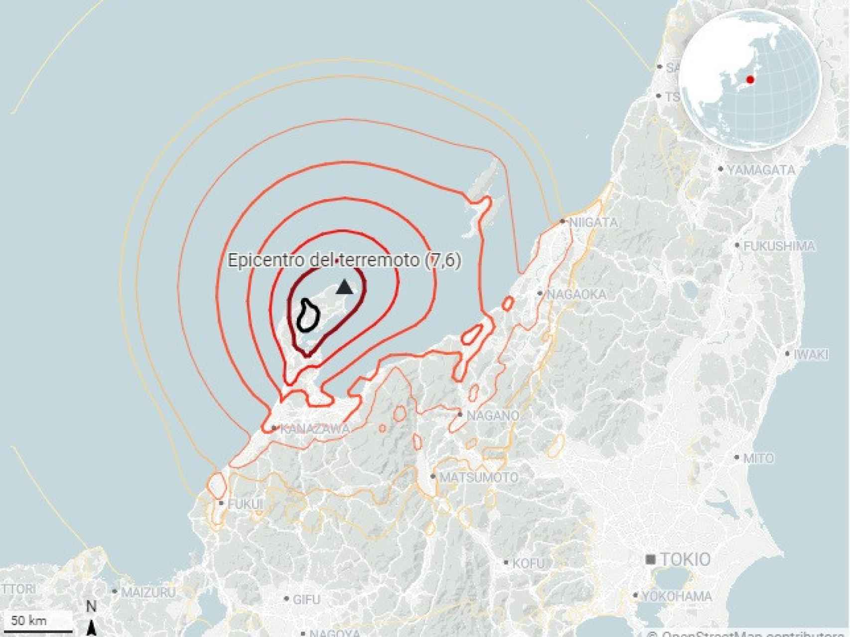 Mapa de intensidad del terremoto de Japón.