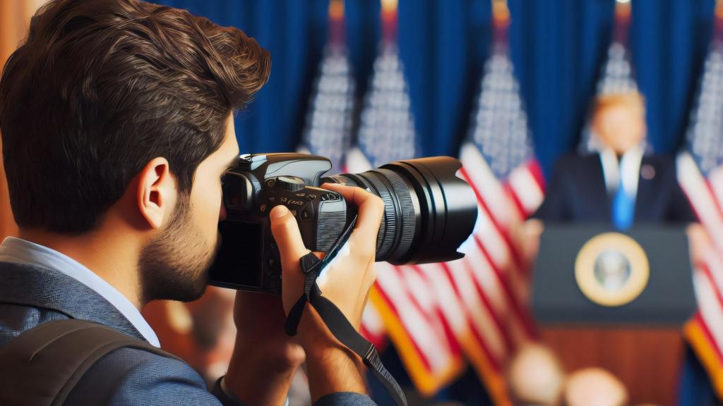Imagen creada por IA de un fotógrafo en una conferencia presidencial