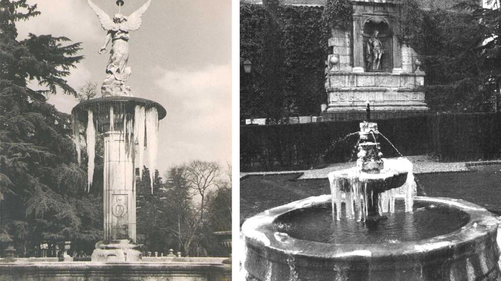 La Fuente de la Fama y la fuente del Museo Casa de Cervantes, congeladas durante las heladas de los años 80
