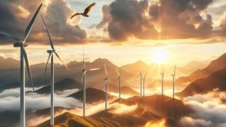 Ave volando en un parque eólico