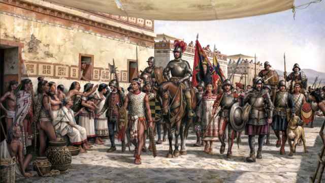 La entrada de Hernán Cortés a México. Cuadro de Ferrer Dalmau