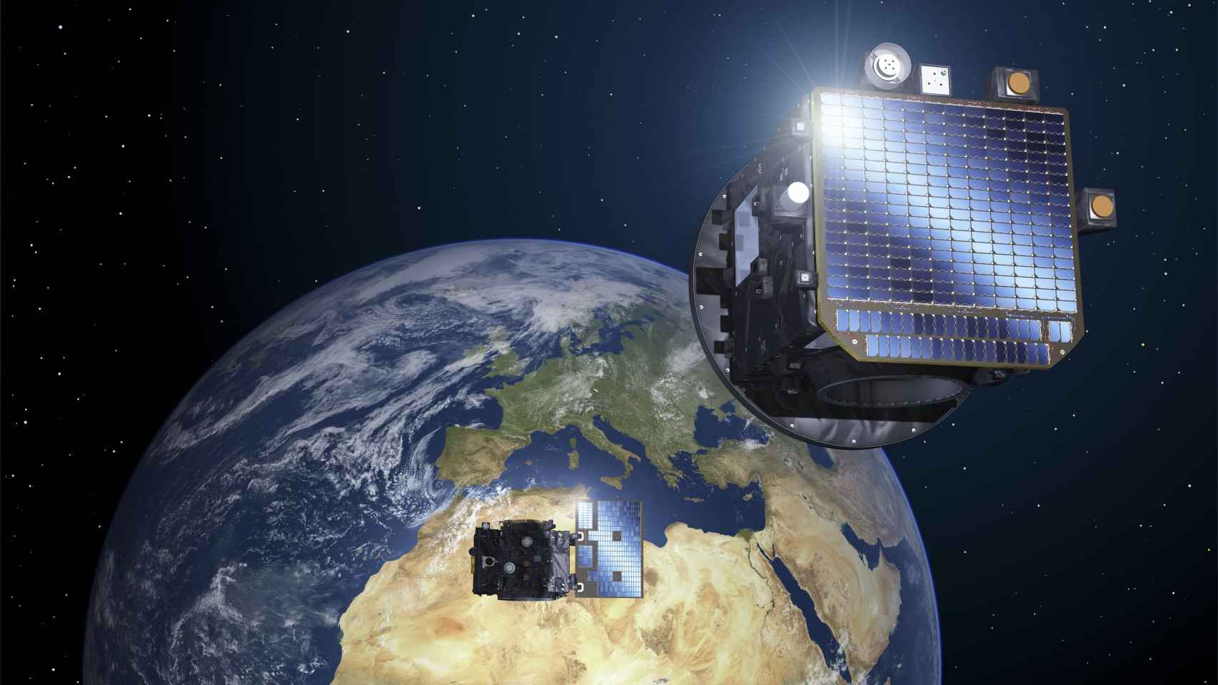 Recreación de los dos satélites de Proba-3 con la Tierra al fondo