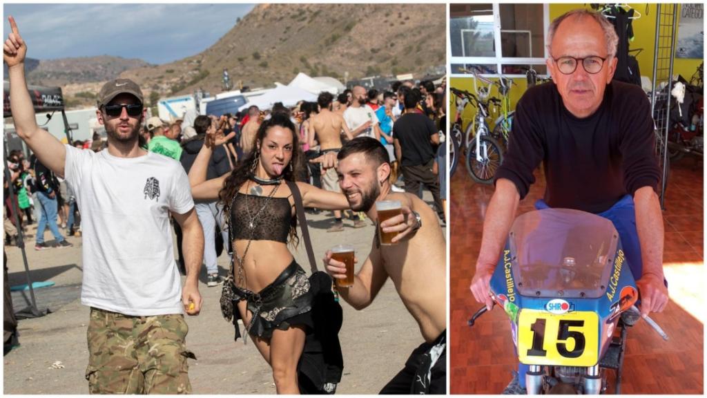 Jerónimo Castillejo (1d), presidente del Moto Club Fuente Álamo, junto a una imagen con varios raveros que asisten a la macrofiesta clandestina en el circuito municipal cuya explotación corresponde a este colectivo motero.
