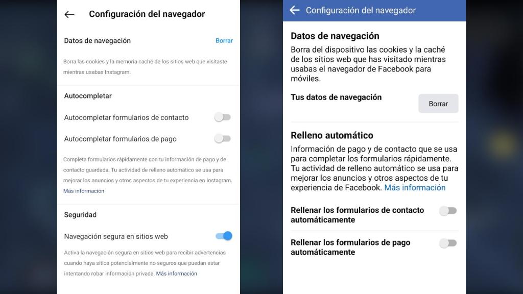 Configuración de navegador en Instagram y Facebook