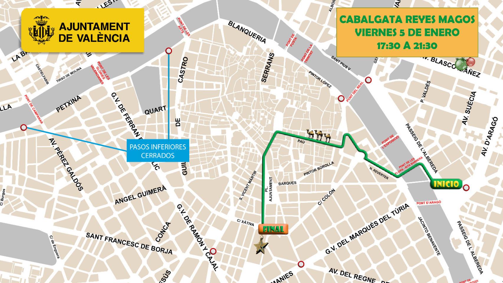 Plano del recorrido que realizará la cabalgata de los Reyes Magos de Valencia. EE