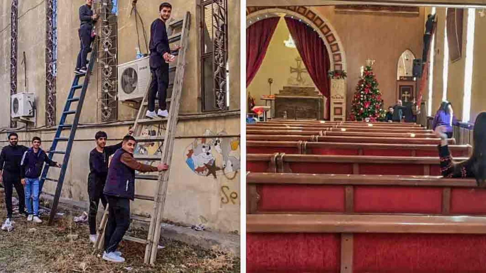 Los jóvenes de la parroquia de Urmia realizan los preparativos en la iglesia sobre la que yacen los restos de uno de los Reyes Magos, de acuerdo a la tradición asiria. No hay presencia en la festividad de los Reyes Magos, salvo por la estrella de Belén que corona el árbol de Navidad.