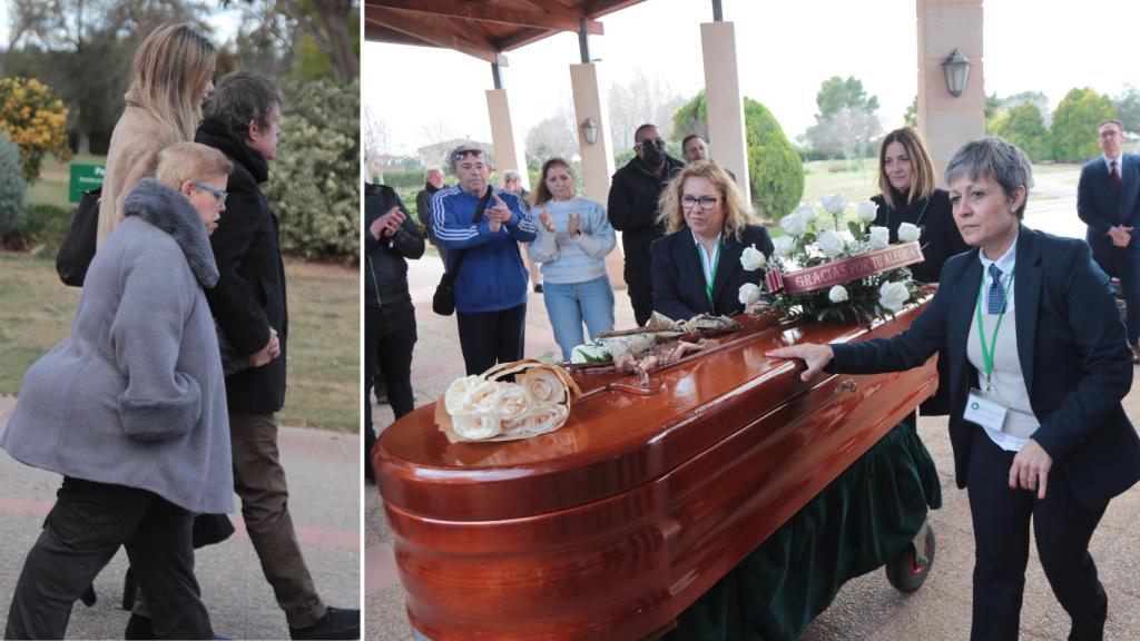 Los hijos de Paco Arévalo junto a sus restos mortales en un montaje de EL ESPAÑOL.