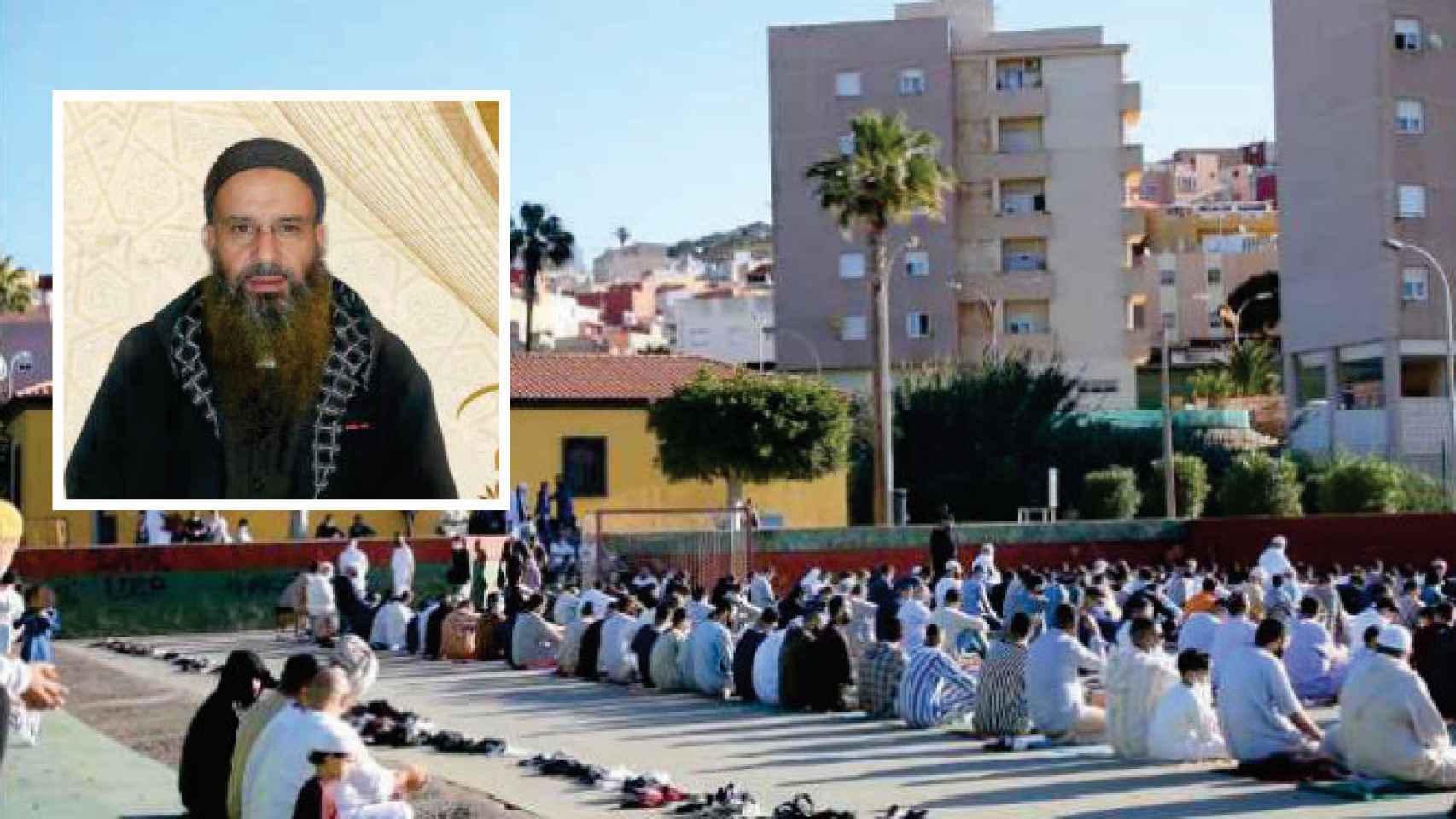 Imágenes del imán de Melilla detenido y de uno de los rezos que lideró en la Mezquita Blanca, incluidas en un informe de la Policía.