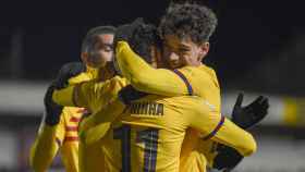 Los jugadores del FC Barcelona celebran el segundo gol de su equipo