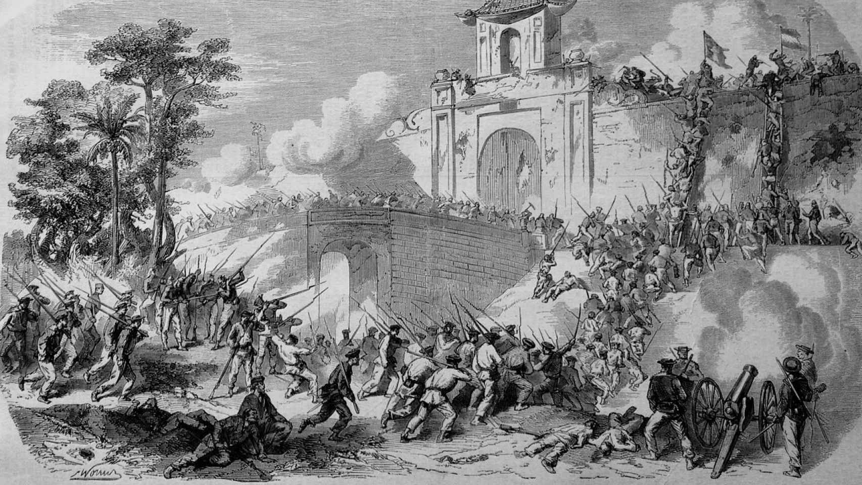 Grabado francés de 1859 sobre el asedio hispanofrancés de Saigón.