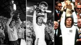 Franz Beckenbauer levantando la Eurocopa, la Copa de Europa y el Mundial