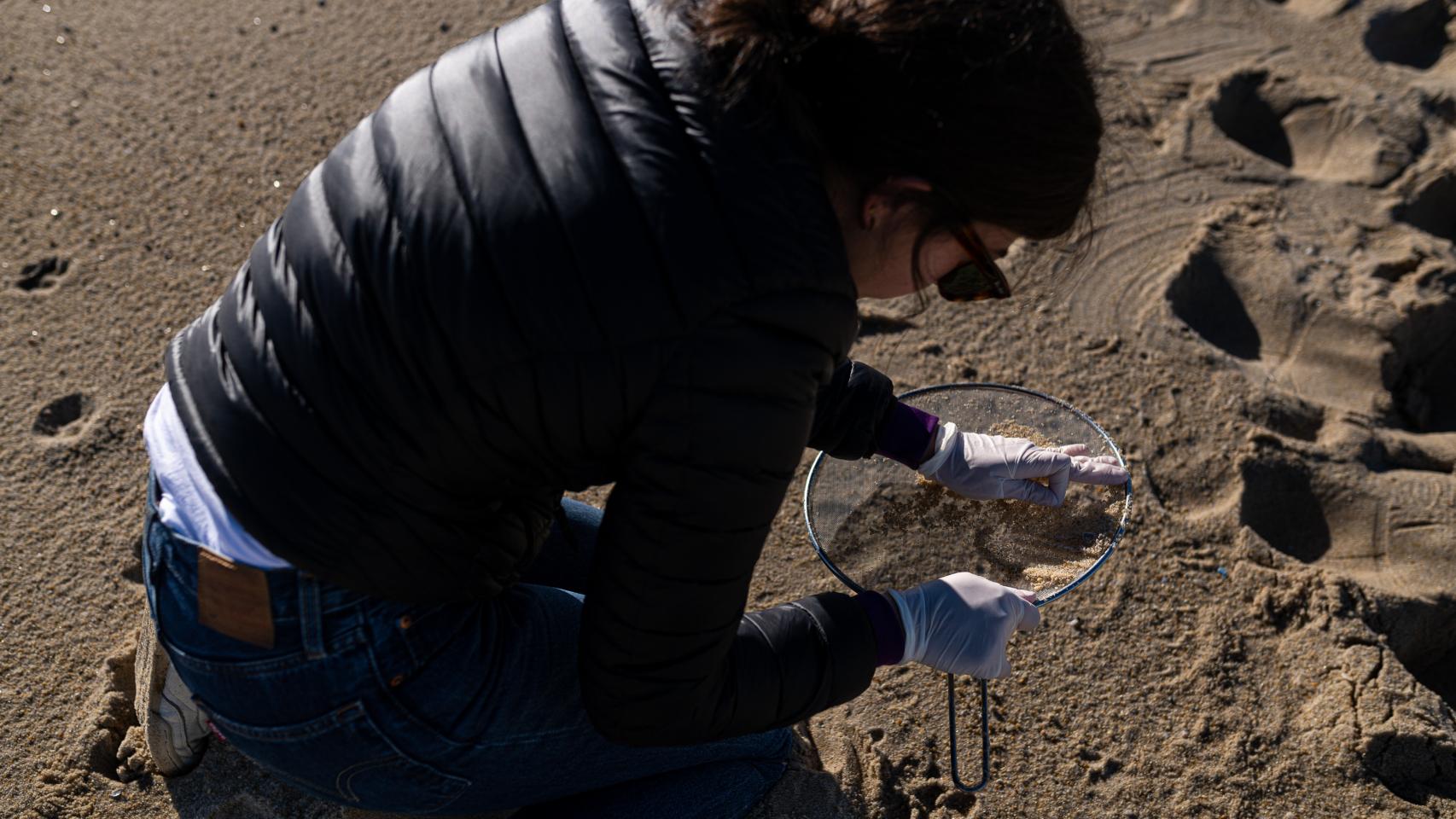 Voluntarios hacen una recogida de 'pellets' de la arena en A Coruña.
