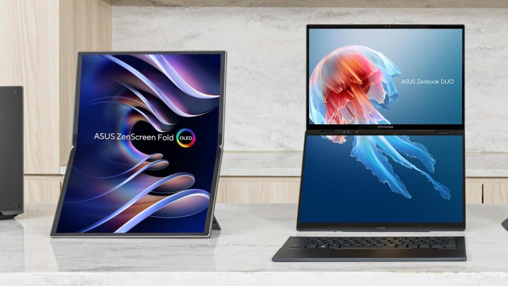 La pantalla ZenScreen Fold OLED (izq) y el ZenBook Duo (der) de ASUS