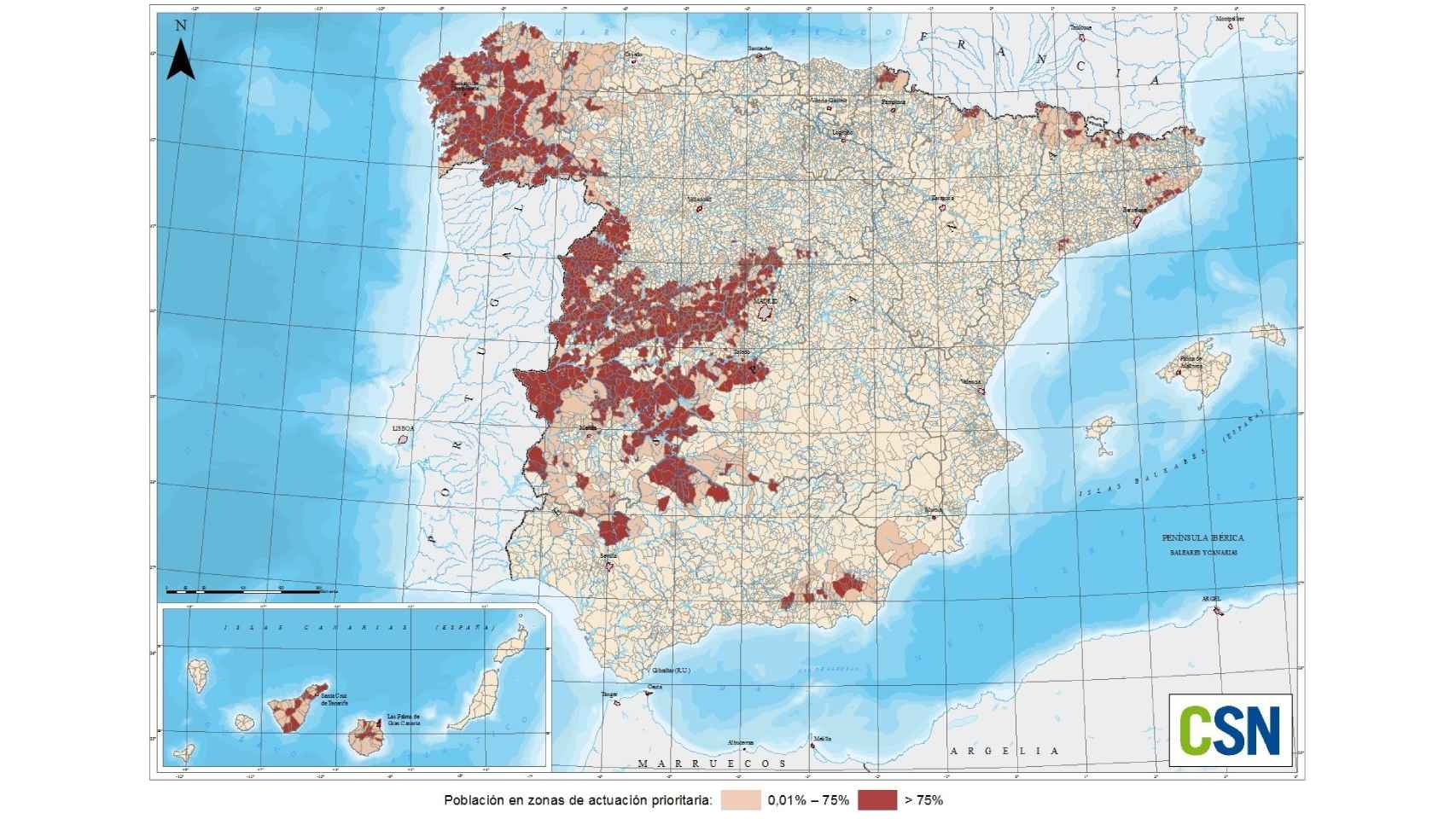 Mapa de distribución de radón en España.