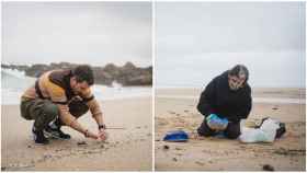 Rodrigo Fresco y María Arceo recogiendo 'pellets' en las playas gallegas