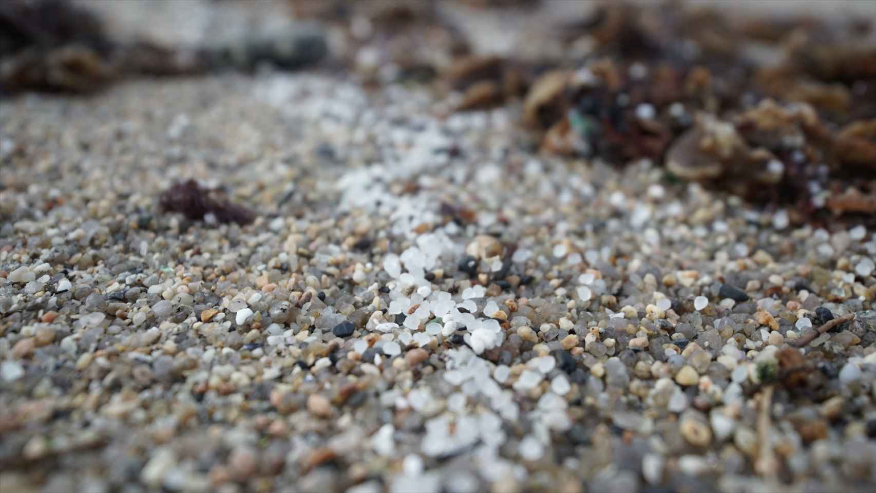Pellets de plástico en la playa de Sabón en A Coruña, Galicia.