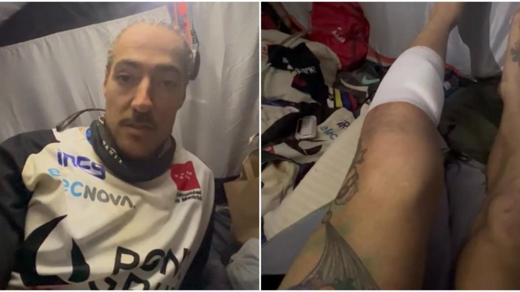 El piloto Javi Vega en su tienda de campaña