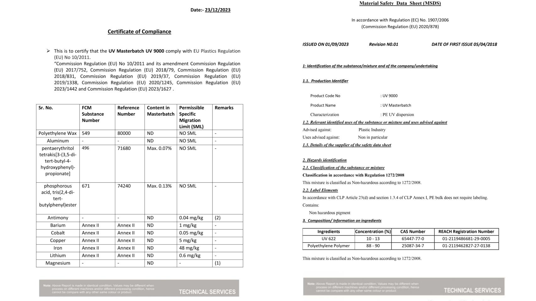 Las primeras páginas de los dos documentos revelados por Maersk: el 'Certificate of Compliance' (a la izquierda) y y el 'Material Safety Data Sheet (MSDS)' o (a la derecha).