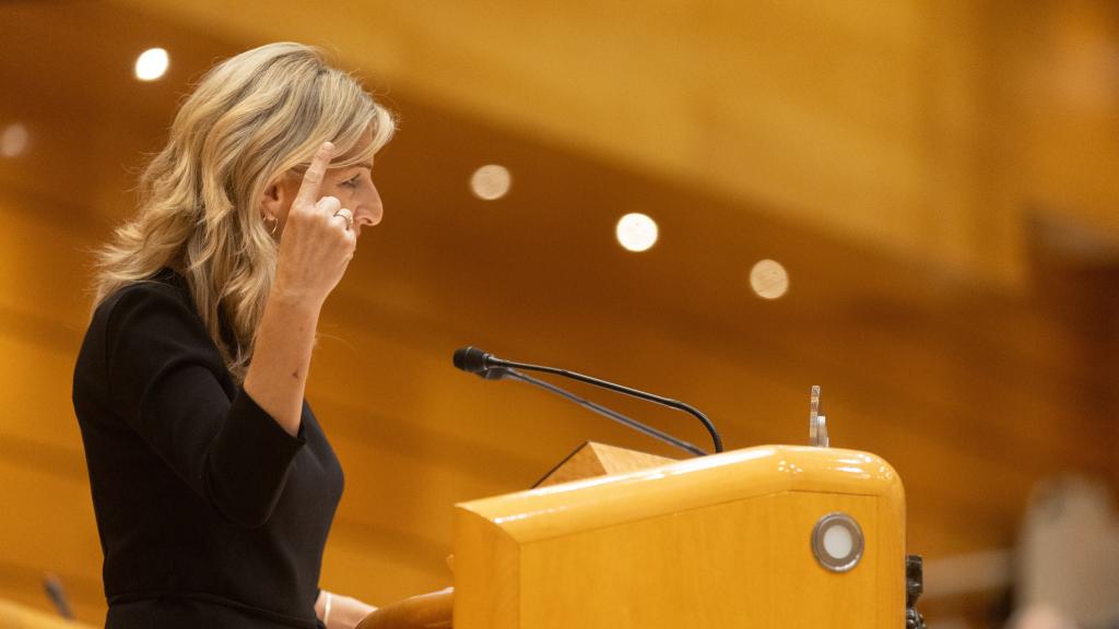 La vicepresidenta segunda y ministra de Trabajo, Yolanda Díaz, interviene durante un pleno del Congreso de los Diputados