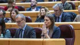 Los diputados de Junts per Catalunya Míriam Nogueras y Josep María Cruset durante la votación en el pleno del Congreso, reunido excepcionalmente en el Senado, que debate la convalidación de tres decretos del Gobierno con medidas para amortiguar la crisis.