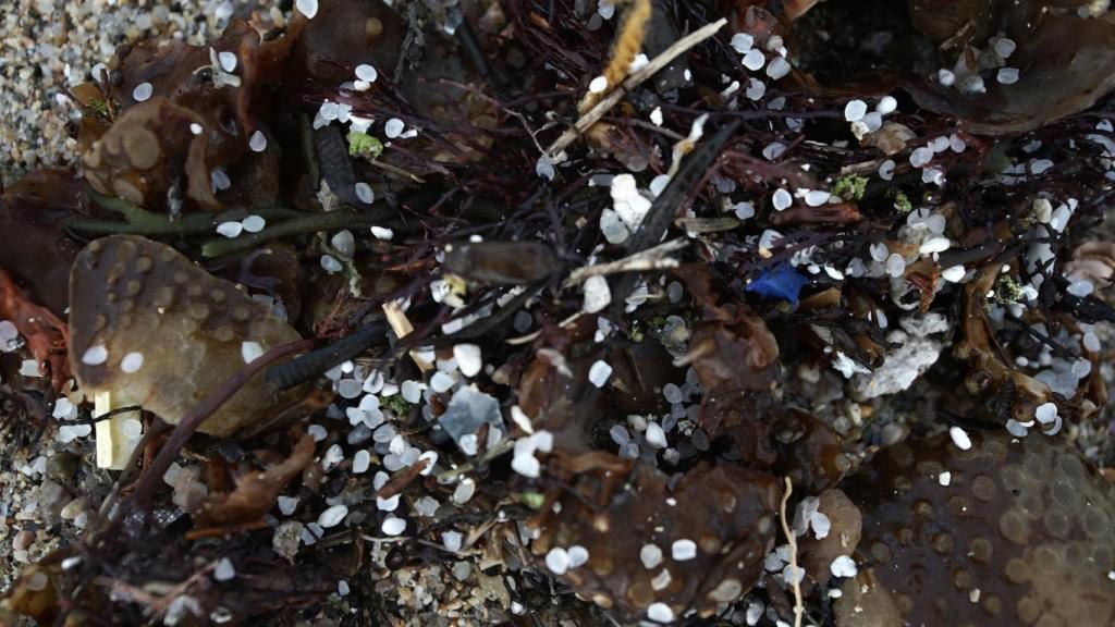 Pellets de plástico en la playa de Sabón, en Arteixo.
