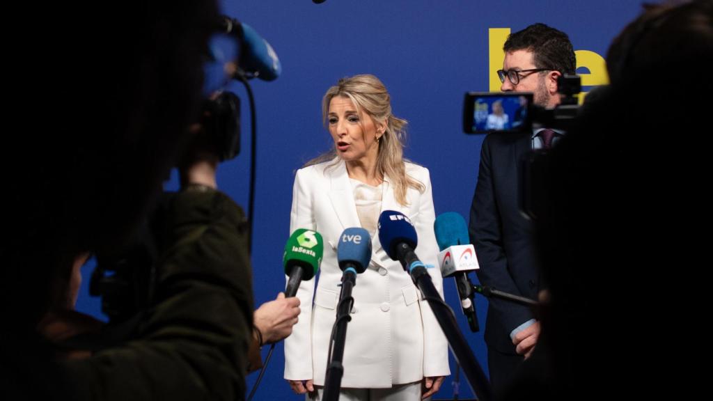 La vicepresidenta Yolanda Díaz, durante su comparecencia de prensa de este jueves en Namur