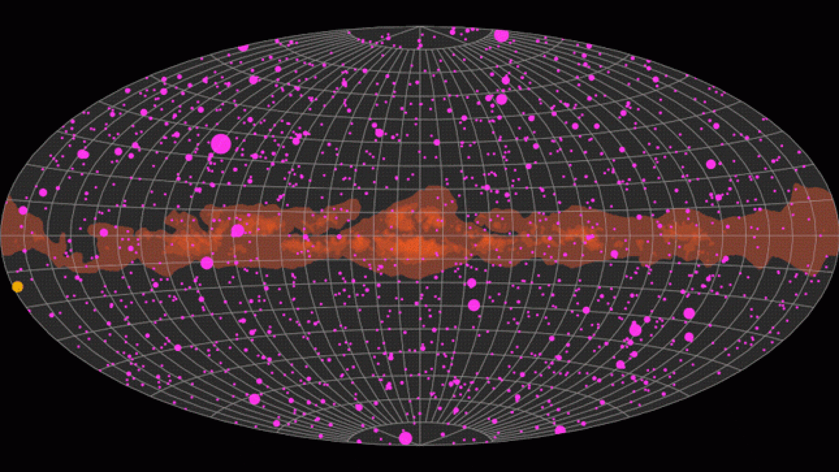magen de animación de fuegos artificiales cósmicos -invisibles a nuestros ojos- que llenan el cielo nocturno. Gracias al Telescopio de Área Grande (LAT) a bordo del Telescopio Espacial de Rayos Gamma Fermi de la NASA se observa el cielo en rayos gamma, la forma de luz de mayor energía.
