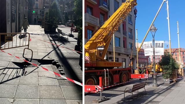 Imagen del socavón y los bomberos trabajando en el lugar